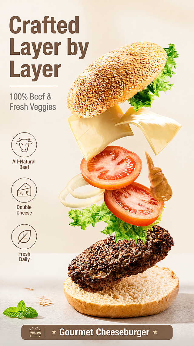 [第1张] 亚马逊跨境电商详情页头图 - 美式芝士牛肉汉堡食欲氛围海报。本张使用【图1】作为商品主体，保持汉堡悬浮分层结构、芝麻面包、双层芝士、番茄片、洋葱圈、生菜、牛肉饼、芥末酱的完整层次与真实质感。
[氛围/风格] 美式食欲风，极简跨境电商设计，商业摄影质感，真实客观，突出食材新鲜度与层次感。
[元素布局] 悬浮分层汉堡位于画面中央偏右，占比约65%，各层食材清晰分离悬浮，从上到下依次为芝麻面包顶、生菜、双层芝士、番茄、洋葱圈、芥末酱、生菜、牛肉饼、面包底；左侧留出标题区域；底部为浅暖灰色哑光台面，点缀少量散落芝麻与一片薄荷叶；背景为暖米色渐变，柔和干净。
[光影质感] 左上方45度柔光主光源，右侧辅光补光，食材边缘有自然高光，牛肉饼有焦香质感，芝士有柔滑光泽，番茄有水润感，整体明亮通透，阴影柔和自然。
[配色色系] 全局底色 #F5EFE6 暖米色渐变；主色暖棕、番茄红、生菜绿；辅助色芝士奶白、面包金黄；点缀色深棕牛肉。
[视角构图] 正面微仰视，悬浮汉堡为视觉中心，阅读动线左上标题 → 中央汉堡 → 底部信息条。
[文字版式] 全英文文案，左上标题区。主标题 "Crafted Layer by Layer"，加粗无衬线字体，深棕色；副标题 "100% Beef & Fresh Veggies"，稍小字号，暖灰色；标题下方三个圆形卖点icon配文字："All-Natural Beef"、"Double Cheese"、"Fresh Daily"；底部信息条标注 "Gourmet Cheeseburger"。文字不遮挡汉堡主体。
[比例分辨率] 9:16 竖版比例，4K分辨率，文字清晰可辨，高清画质。
[负向提示词] 汉堡变形，缺层错层，颜色偏差，中文字符，水印，文字错乱，产品模糊，背景杂乱，绝对化用语，价格信息。