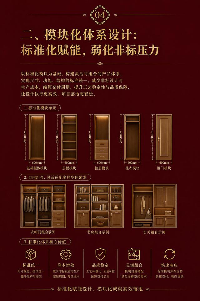 中小全屋定制工厂·轻高定产品模式｜设计+生产落地双维度十大核心重点

核心前言：中小全屋定制工厂的轻高定模式，核心逻辑是摒弃大厂重高定的高成本、高非标、高门槛弊端，兼顾高定颜值质感与中小工厂产能、成本、交付能力。区别于低端通货的廉价感与顶级高定的高溢价，以「设计提颜值、标准化降成本、精细化做落地」为核心，依托专业设计优化产品体系，通过生产落地标准化、规范化实现量产盈利。以下从设计研发、工艺落地、生产管控、终端适配全维度，梳理十大核心落地重点，适配中小工厂轻量化、可复制、高盈利的轻高定转型。
一、精准产品定位设计：锚定轻高定赛道，规避产能错配
从设计源头锁定产品赛道，贴合中小工厂设备、技术、产能短板，精准区分通货、轻高定、重高定三类产品体系。设计端聚焦主流轻奢、极简、奶油、简约新中式四大高流量家装风格，彻底砍掉小众异形、复杂雕花、多层叠级、极致弧形等高难度、低量产、高损耗产品。以「高阶质感、简约耐看、大众适配」为产品核心调性，主打刚需、改善型家装用户，不盲目追求全品类全覆盖，聚焦少而精的爆款产品矩阵，既保障终端颜值溢价，又完全适配中小工厂生产能力，从源头杜绝设计与生产脱节的问题。
二、模块化体系设计：标准化赋能，弱化非标压力
搭建全套轻量化、标准化柜体模块体系，是中小工厂轻高定落地的核心根基。设计端统一全系产品的柜体进深、标准层高、收口尺寸、地脚规格、孔位参数，研发通用基础柜体、标准化功能模块、万能收口构件。将衣柜、橱柜、书柜、电视柜等全品类产品拆解为可通用的标准单元，90%以上常规户型均可通过模块组合实现落地，仅10%特殊户型做局部微调。通过模块化设计，大幅减少非标定制比例，统一生产参数、物料规格，降低生产排版、下料、打孔的操作难度，有效解决中小工厂非标多、出错高、交期乱的核心痛点。
三、门板质感设计：轻工艺造高阶颜值，控本不降质感
轻高定的核心产品溢价集中在门面效果，设计遵循「轻工艺、高质感、低成本」原则。基材端优选准分子、肤感PET、哑光三聚氰胺、细麻木纹等高平整、高肌理、耐磕碰的中高端板材，淘汰廉价亮面、粗糙杂纹、易变形的低端通货板材。造型端主打极简平板、无拉手隐形设计、窄边拉直、微雕肌理等轻量化工艺，放弃复杂烤漆、立体造型、多层包覆、异形圆弧等高成本、高损耗、长工期工艺。依托色彩深浅搭配、肌理虚实对比、平整度精细化控制，用简易工艺打造媲美高端高定的视觉质感，实现低成本高颜值的产品差异化。
四、收口细节设计：精细化极简处理，拔高落地质感
高端定制的核心差距在于细节，设计端聚焦全屋收口细节标准化，打造轻高定精细化质感。统一墙板与柜体、吊顶与柜门、地面与地脚、墙角与柜体的收口方式，标准化预留伸缩缝、拼接缝、对齐缝尺寸。摒弃传统宽大收口、粗糙打胶、外露缝隙的廉价做法，采用极窄收口、隐形收口、同色收口、无缝拼接等极简细节工艺。同时设计通用型收口配件、同色封边条、配套线条，实现全屋细节统一规整，以低成本的细节优化，拉开与普通通货产品的质感差距，真正做到「细节见高定」。
五、功能系统设计：刚需化高配，提升产品附加值
轻高定不只是颜值升级，更是功能升级，设计端主打「基础标配、刚需高配、无用简配」的理念。针对用户高频使用的收纳、防潮、静音、适配性等核心需求，标准化升级实用功能：衣柜分区精细化设计、橱柜储物合理化布局、全系柜门静音缓冲、柜体防潮封边、极简五金内嵌等刚需配置做标配；智能灯光、复杂电动结构、小众特殊功能等低频、高成本配置做选配。通过功能优化设计，在不大幅增加生产成本的前提下，提升产品实用性与高端感，让终端客户直观感知产品升级价值，提升成交溢价空间。
六、五金配套设计：定标适配统一，兼顾品质与成本
五金是定制产品的核心骨架，也是区分通货与轻高定的关键，设计端建立专属五金配套标准。摒弃通货产品杂牌、混用、低配五金的模式，统一全系产品五金品牌、型号、安装规格、孔位标准，搭配极简内嵌拉手、静音铰链、加厚滑轨、微调阻尼等中高端标配五金。同时根据柜体尺寸、门板重量、使用场景，精准匹配五金规格，杜绝大材小用、高配浪费或低配变形问题。通过五金标准化设计，既保障产品使用稳定性、提升高端质感，又实现五金批量采购降本、统一安装标准、减少售后故障，适配中小工厂批量生产落地。
七、工艺落地标准化：简化复杂工序，适配中小产线
结合中小工厂设备精度、人工技术、产线规模，做工艺轻量化、标准化优化，拒绝照搬大厂重高定复杂工艺。设计端输出全套标准化工艺手册，统一封边、打孔、裁切、拼接、打磨五大核心工序标准：全系采用PUR封边、无缝倒角、精细打磨，保障门板平整度与封边质感；统一数控打孔坐标、孔位间距，杜绝人工打孔偏差；简化多层复合、异形打磨、反复修色等冗余工序。所有工艺设计均适配中小工厂现有设备，无需大额设备升级，即可实现标准化落地，降低工艺落地门槛，保障批量产品质感统一、品质稳定。
八、色系统一设计：全屋同色体系，打造整体高定效果
整体统一性是高定的核心特征，设计端搭建专属轻高定全屋同色系统，解决中小工厂花色杂乱、配色随意、全屋违和的问题。筛选10-15款主流爆款花色，覆盖木纹、肤感纯色、浅灰、奶白、深炭等主流色系，实现柜体、门板、线条、收口、五金辅件、墙板的同色配套。统一全屋配色逻辑，固定轻奢风、极简风、奶油风的专属配色方案，给到终端标准化配色模板，杜绝乱配色、杂搭配。通过全屋色彩一体化设计，打造整体规整、高级统一的家装效果，区别于通货产品拼凑感强、质感杂乱的短板。
九、生产容错设计：适配人工产能，降低损耗与售后
针对中小工厂人工操作占比高、设备精度有限、新人熟练度不足的痛点，在设计端植入容错思维。结构设计上简化复杂拼接结构，减少超薄、超长、易变形、易断裂的非标构件；尺寸设计预留合理安装容错空间，避免尺寸卡死导致安装失误；工艺设计规避高难度手工工序，优先机械化、标准化作业。同时优化板材排版设计，提升板材利用率，降低原材料切割损耗。通过前置性容错设计，大幅降低生产报废率、安装返工率、售后故障率，提升生产交付效率，压缩整体运营成本。
十、终端落地适配设计：方案可复制，快速拓客成交
轻高定模式最终服务于终端销售，设计端配套标准化落地方案库，适配中小门店、中小工厂的拓客需求。整理全屋标准化设计方案、户型通用方案、风格专属方案，固化尺寸、配色、结构、工艺标准，让终端设计师可快速套用、微调出图，无需每次从零设计。同时统一产品卖点、展示标准、落地效果标准，让终端展示、客户谈单、现场落地高度统一。通过可复制的设计体系，降低终端设计门槛、缩短出图周期、提升方案落地成功率，解决中小工厂「设计慢、落地乱、成交难」的终端痛点，实现轻高定模式规模化复制。

请完整参考并适当导入文案章节喝内容，生成一套宣传画册，要求：画册版面时尚、唯美，背景及插图为家居与空间设计元素。
画册规格：W20cm×H30cm；
版面色调：酒红色；
字体颜色：金色；
版面页数：11P
