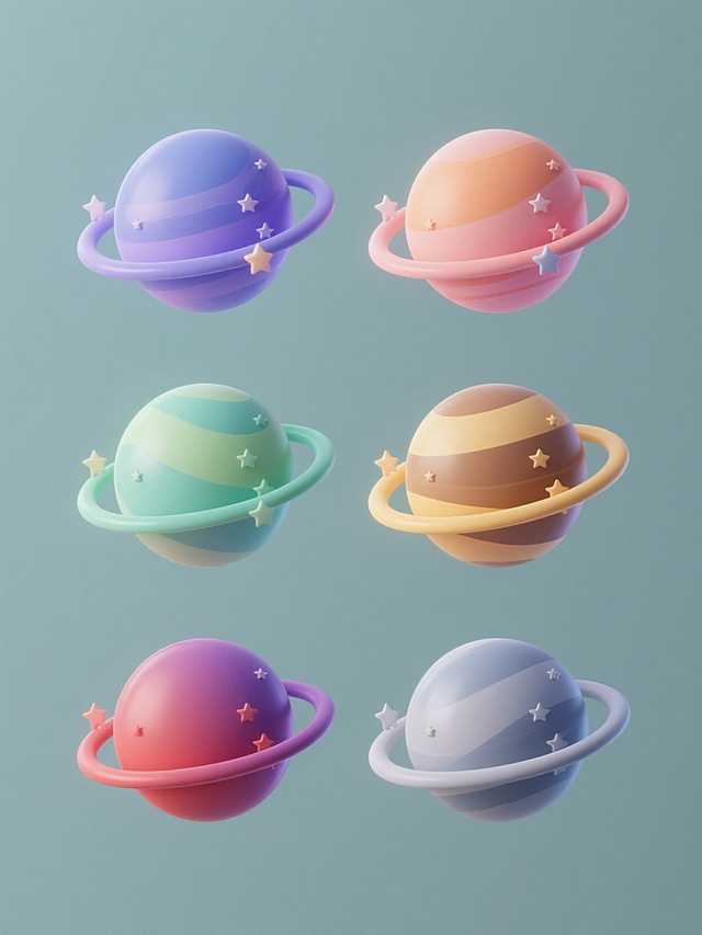 六个软3D风格星球系列素材集合，每个星球都具有相同的球体形态、环绕光环和表面星星点缀元素，规整排布在纯色背景上，分别呈现蓝紫色调、粉橙色调、绿青色调、黄棕色调、红紫色调、灰蓝色调的渐变色彩，整体保持柔和的光影过渡和光滑的材质质感。