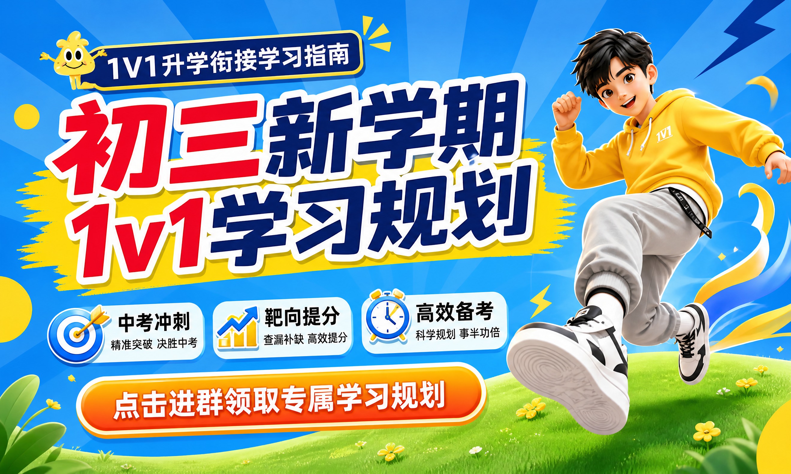 参考图2的版式结构和3D卡通人物风格，参考图1的蓝黄主色调配色… - 图片创意预览