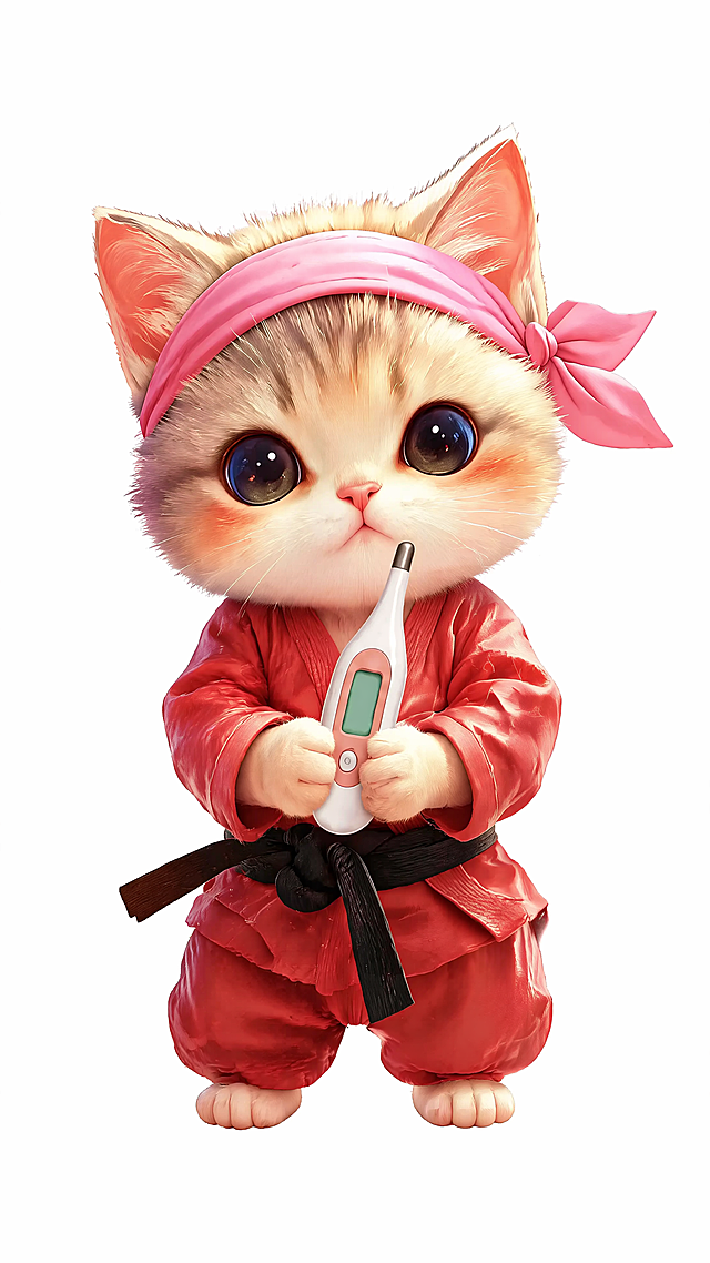 修改这只猫咪：去掉左侧的病毒图案，手的姿势改为参考图2的双手共同抱物姿势，让猫咪双手捧着图3的电子温度计，猫咪双眼都睁开，去除黑色腰带上的白色标志，保留猫咪穿着红色空手道服、粉色头巾、黑色腰带的形象，保持纯纯白色背景。