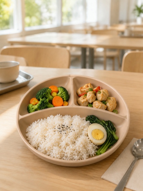 Beige three-grid bamboo fiber divided plate, student canteen dining scene, the plate is placed on th预览效果