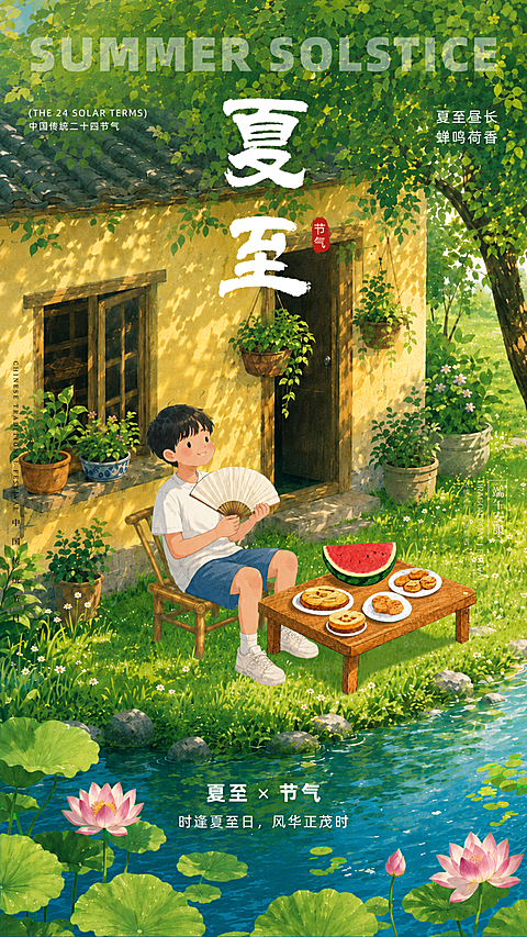 夏至夏天中国二十四节气田园治愈风插画手机海报竖版海报