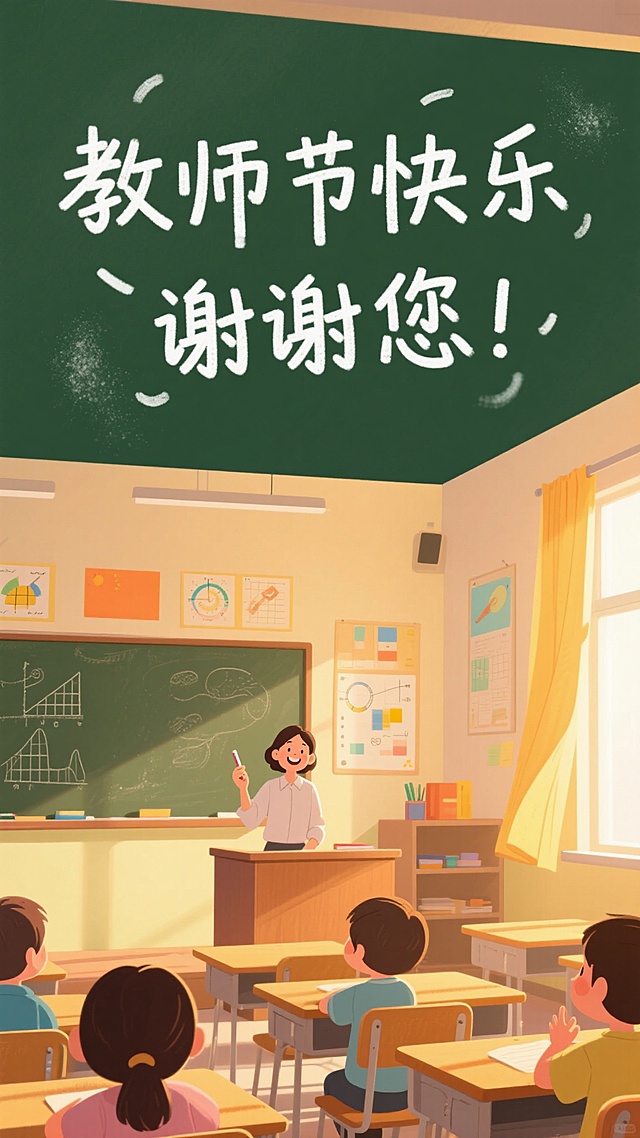 绿色黑板上，“教师节快乐 谢谢您！”的粉笔字带着暖意，如春风拂过心间。讲台上，老师手持粉笔，笑容温柔，正将知识的种子播撒。孩子们坐在课桌前，小脸上满是专注与欢喜，教室里的阳光，都成了这场师生间温情互动的见证。这方小小的课堂，藏着最纯粹的教育时光，老师的付出，孩子们的感恩，都在这一刻静静流淌。