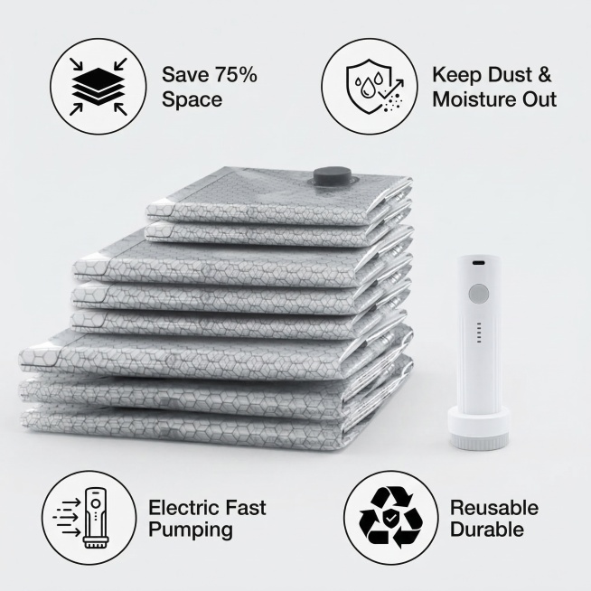 Function display of vacuum compression bag, show the whole set includes: multiple different sizes of预览效果