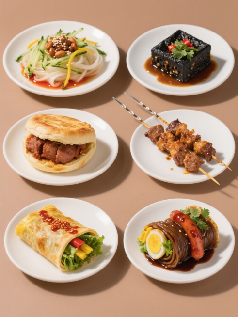 6个规整排布的中国传统小吃素材，保持高度写实的美食摄影风格，主色调为暖棕色系与食物本身的自然色彩和谐统一，采用柔和的侧上方主光源，形成清晰的食物质感光影，表面光泽细腻，阴影细节丰富自然，构图简约现代，每个小吃均盛放在白色圆形瓷盘中，纯色背景。从左到右、从上到下依次为：凉皮，呈现透亮的米白色，上面铺有翠绿的黄瓜丝、黄色的豆芽、褐色的花生碎，淋有红色辣椒油和白芝麻；臭豆腐，黑色方块状，表面有细密孔……预览效果