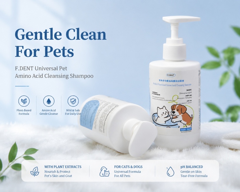 [第1屏] Hero Banner - F.DENT Universal Pet Amino Acid Cleansing Shampoo product poster. This screen us预览效果