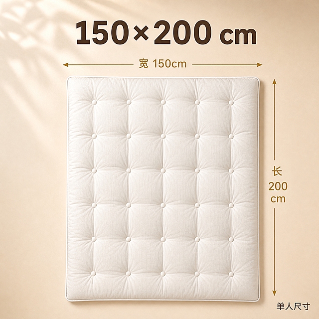 [商品] 使用参考图的奶白色绗缝大豆被，保留奶白色面料、圆形定位扣、精致包边、蓬松饱满形态；增强面料质感和蓬松立体感，保持正俯视平铺视角。
[画面] 尺寸规格图第1张 150cm×200cm，1:1正方形比例。正俯视平铺构图，被子位于画面中心，产品占画面约70%。浅米色高级渐变背景，干净简约。被子上方有大尺寸标题，左侧横向标注宽度，右侧竖向标注长度，右下角标注适用场景。金色细线标注，两端带箭头，清晰指向被子边缘。
[视觉] 套系策略：风格=高端简约商业摄影；标题字=现代无衬线粗体；正文字=简洁无衬线体；主色=奶白+浅米；背景延展=浅米色渐变背景，左上角有柔和光斑；强调色=暖金色，用于尺寸标注线、箭头和数字；标题色=深咖棕；正文色=暖灰棕；组件=金色尺寸标注线、箭头；光影=正上方柔和均匀布光，左上角有轻微树叶光斑，突出被子蓬松感和面料肌理，阴影柔和自然。
[文字] 画面顶部居中大标题 150×200 cm，深咖色粗体大字。被子上方横向金色标注线+双向箭头，中间文字 宽 150cm。被子右侧竖向金色标注线+双向箭头，旁边文字 长 200cm，竖向排列。右下角小字 单人尺寸。所有尺寸标注清晰明确，一目了然。
[规格] 图片比例1:1正方形，4K，避免变形、错字、文字过小、冷蓝/冷灰偏色、被子颜色改变、版型失真、水印、平台Logo、重量信息、价格信息。