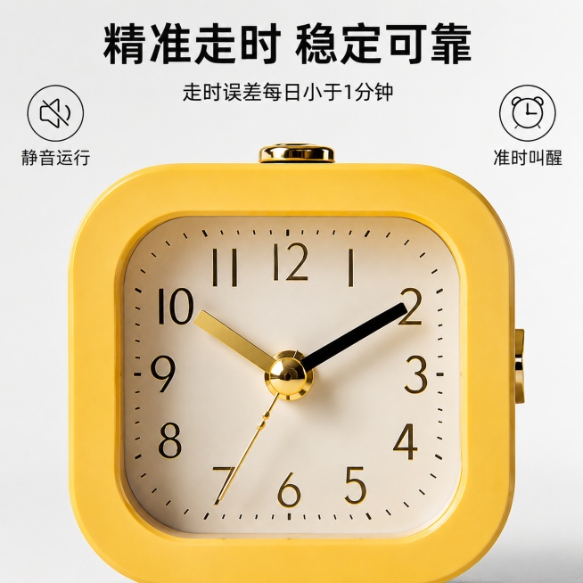 [主图-2] 闹钟精准走时核心卖点展示
[氛围风格] 专业品质展示风，简洁干净
[画质] 商业摄影质感、光线柔和通透、产品清晰真实、画面干净高级
[元素] 闹钟表盘居中放大展示，指针特写突出表盘刻度的预览效果