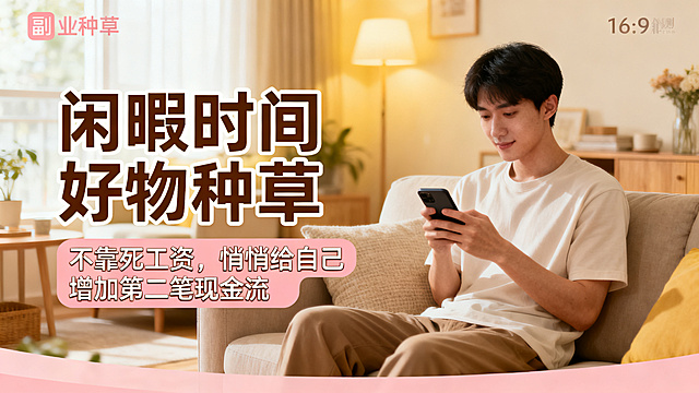 副业种草主题海报，主标题'闲暇时间好物种草'，副标题'不靠死工资，悄悄给自己增加第二笔现金流'，主副标题分明，背景是温馨干净的居家客厅，年轻人坐在沙发上用手机分享好物，风格温暖治愈，尺寸比例16:9，排版整洁，文字清晰
