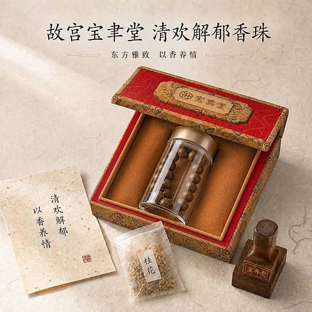 将图中盒子内部的米白色绒布内衬和手串，替换为image2中的样式：盒内为暖棕色绒布内衬，中央放置一只透明玻璃罐，罐盖为香槟金色金属盖，玻璃罐内装着深棕色香珠手串（与原图手串外观一致）。盒子外部的红色织锦外观、竹制标牌、整体45度俯视角度、周围的洒金卡片、桂花袋、木质印章、背景纹理、上方文字全部保持不变。玻璃罐自然融入原场景光影，透视角度准确，玻璃通透有真实反光，金属盖质感细腻，棕色绒布内衬与盒子内部边缘衔接自然。
