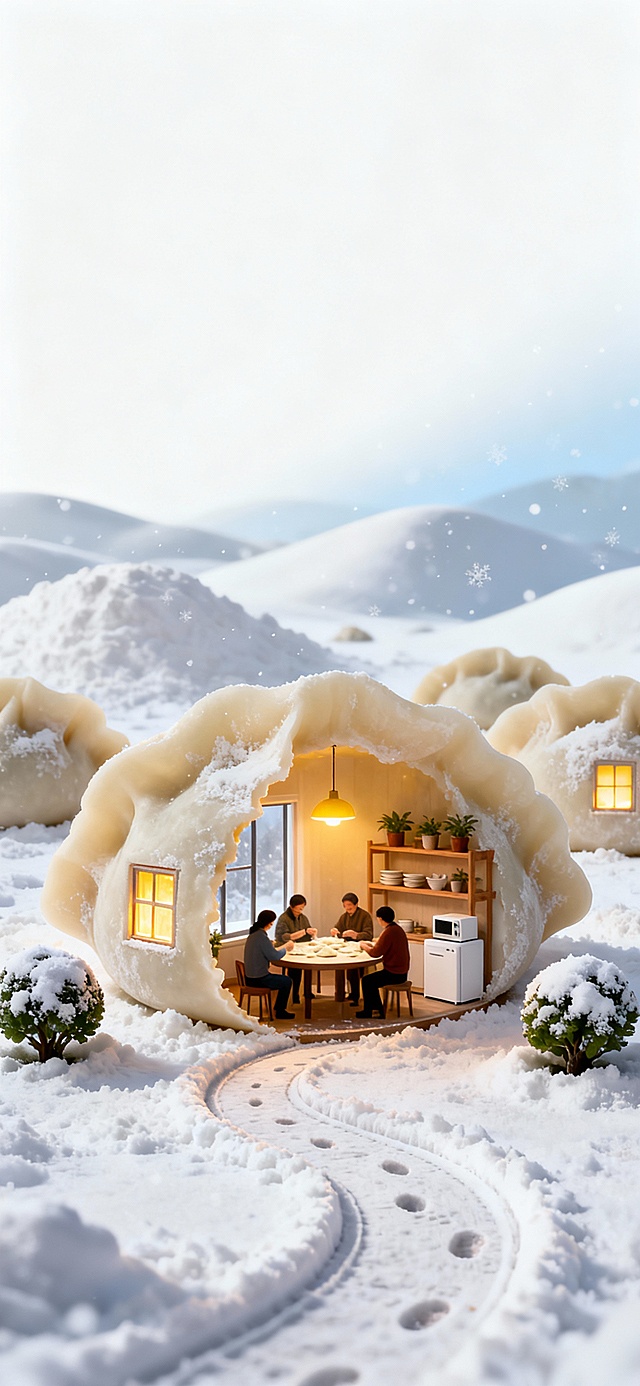 雪地中的饺子屋，温暖灯光映照全家包饺场景，3D微缩艺术风格融合粘土质感，营造梦幻温馨的冬日节日氛围。