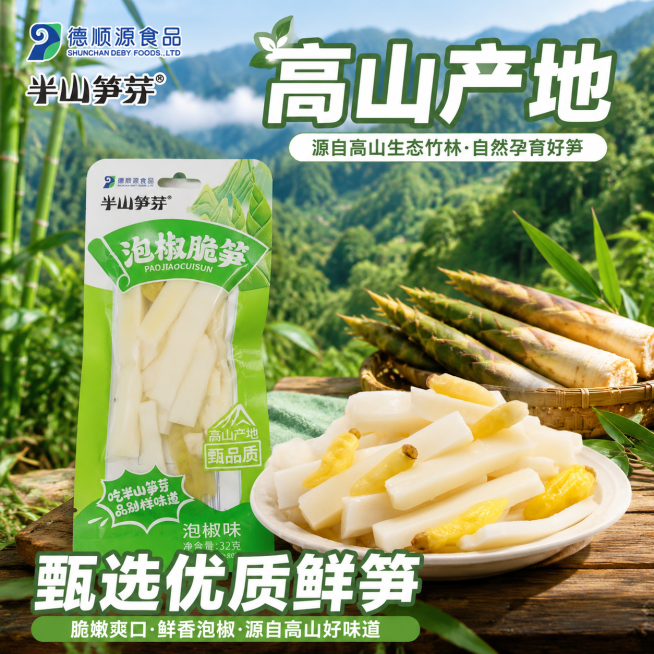 [主图-2] 产地溯源展示图，突出核心产地优势
[氛围风格] 自然清新，真实可信
[画质] 商业摄影质感，光线柔和通透，产品清晰真实，画面干净高级
[元素] 前景展示泡椒笋条实物，背景融入远处连绵青山预览效果