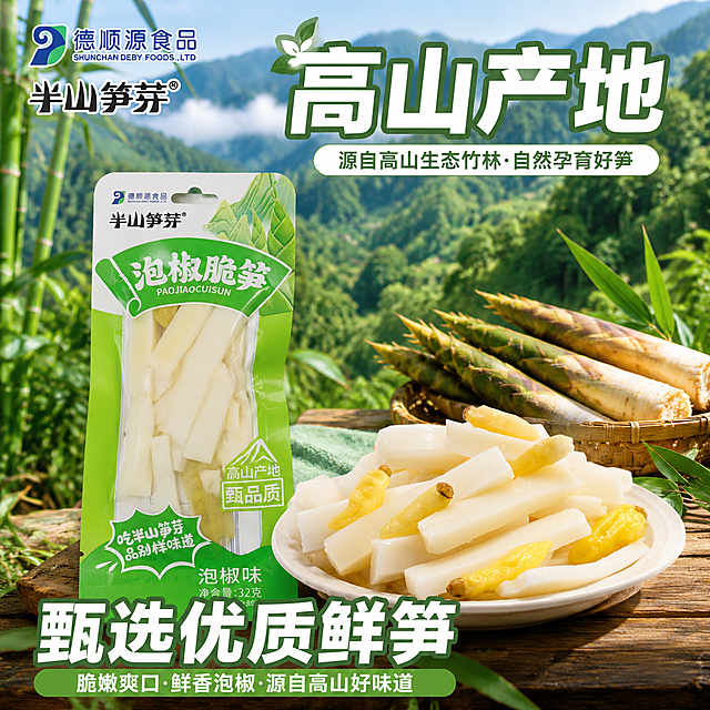 [主图-2] 产地溯源展示图，突出核心产地优势
[氛围风格] 自然清新，真实可信
[画质] 商业摄影质感，光线柔和通透，产品清晰真实，画面干净高级
[元素] 前景展示泡椒笋条实物，背景融入远处连绵青山竹林背景，清晰展示鲜嫩的深山笋条，突出笋条饱满鲜嫩质感，产品清晰展示在画面中心，保持产品原有外观和颜色，和产品包装结合展示，点明产地优势。保持产品物理结构材质一致，杜绝变形色差。商品主体占比约70%，画面满屏无边框
[光影] 自然山间散射光，明亮清新，突出食材的新鲜度
[配色] 绿色山林背景搭配产品本色彩，自然和谐
[视角构图] 俯视45度，产品主体居中清晰
[文字版式] 左上品牌Logo，顶部大字主文案"高山产地"白色粗体绿色描边保证清晰，中部偏下超大数字文字"甄选优质鲜笋"清晰醒目，底部辅助短句，所有文字不遮挡产品主体，对比度强清晰可读
[比例分辨率] 1:1比例，2048x2048px，2K分辨率，超高清
[负向提示词] 变形，水印，文字错乱，产品图模糊，背景杂乱
