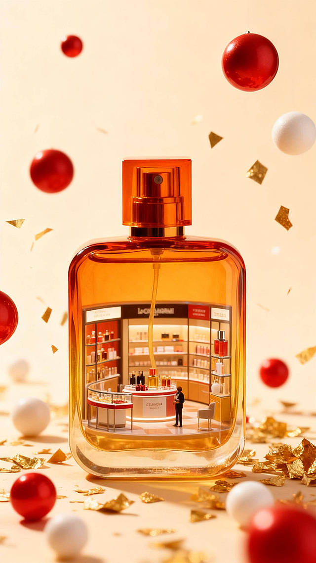 以参考图产品为核心容器，内部呈现微型香水专柜场景，视觉嵌套式构图，周围悬浮点缀红色与白色球体、金色碎片装饰，背景为浅色调。