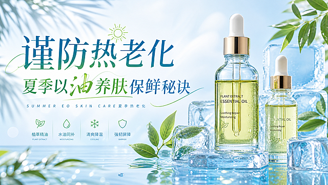 夏季热老化护肤科普公众号头图，清新夏日风格，画面包含冰块和精油产品，主标题文字“谨防热老化 夏季以油养肤保鲜秘诀”，副标题文字“S U M M E R  E O  S K I N  C A R E 夏季热老化”，整体清新透亮，绿色蓝色为主配色，适合护肤美妆公众号封面