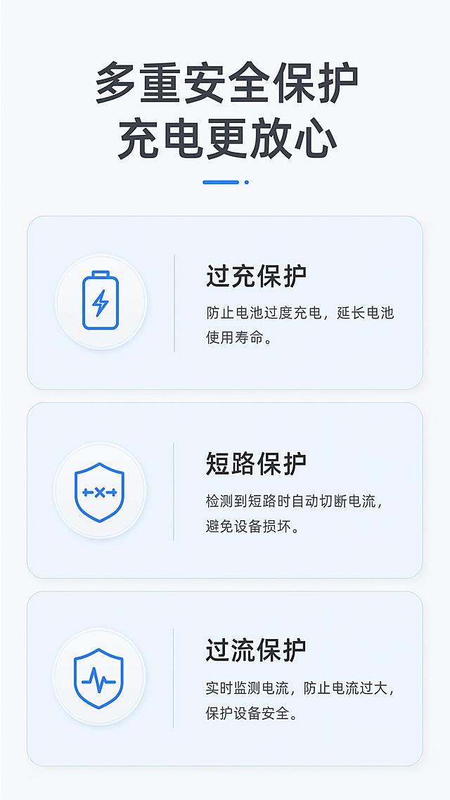 [第9屏] 安全耐用展示-充电保护机制说明。
[氛围/风格] 专业说明风，简约干净，突出安全可靠。
[元素布局] 顶部标题，下方三个保护机制卡片排列：第一卡 过充保护，第二卡 短路保护，第三卡 过流保护；每个卡片配简约图标和说明，背景干净不杂乱。
[光影质感] 均匀柔光，卡片阴影柔和，整体通透干净。
[配色色系] 全局底色 #F5F8FA，卡片浅蓝底，图标蓝色，文字深灰，保持整套配色风格。
[视角构图] 顶部标题，下方三卡竖排，信息分布均匀，阅读流畅。
[文字版式] 顶部标题「多重安全保护 充电更放心」，每个卡片标注保护名称加一句话说明，文字清晰，手机端可读。
[比例分辨率] 9:16 竖版比例，4K分辨率，文字清晰可辨。
[负向提示词] 文字错乱，文字过小，水印，色彩杂乱，变形。