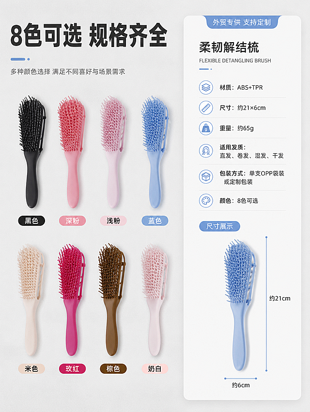 [商品] 使用【图1】8色梳子合集图做SKU参考，使用【图2】蓝色梳子做尺寸标注参考；保留8款颜色、镂空结构与整体造型；增强质感，不改变产品外观。
[画面] 规格与SKU总览页，目标帮助外贸客户快速了解颜色选择与产品参数。左右分栏构图，左侧55%为8色产品矩阵：2行4列整齐排列，每款下方标注颜色名称（黑色 深粉 浅粉 蓝色 米色 玫红 棕色 奶白）；右侧45%为参数信息卡：含产品名称、材质（ABS+TPR）、尺寸（约21×6cm）、重量、适用发质、包装方式等信息，卡片顶部有"外贸专供 支持定制"标识。
[视觉] 套系策略：风格=1688 B端源头工厂风 洁净专业商业摄影；标题字=现代黑体粗体；正文字=简洁黑体；主色=浅灰白；背景延展=基于浅灰白做深浅层级、同色渐变与细腻水泥/台面质感；强调色=马卡龙蓝，仅用于小面积图标、引线和标签；标题色=深炭灰；正文色=中深灰；组件=圆角浅底信息卡、细线引线、简洁图标；光影=顶光均匀 产品排列整齐。
[文字] 顶部大标题"8色可选 规格齐全"，左侧矩阵下方标注颜色名，右侧信息卡分条列出参数；全部横排黑体，字号层级清晰，手机端可读。
[规格] 比例3:4竖版，4K，产品颜色与输入图一致，参数表达保守用"约"，避免变形、错字、文字过小、虚构认证、水印、平台Logo。