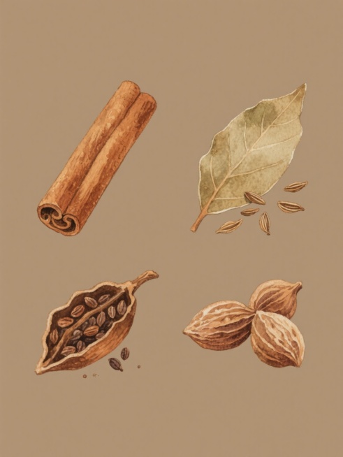 一组四个完全不同的香料元素插画，保持与原图一致的手绘水彩风格，温暖的棕色系配色，细腻的笔触质感和光影表现，每个香料元素（如肉桂棒、香叶、孜然粒、豆蔻荚）都具有清晰的形态结构和自然的细节特征，规整排布在纯色背景上，整体构图平衡且具有统一的视觉美感。预览效果