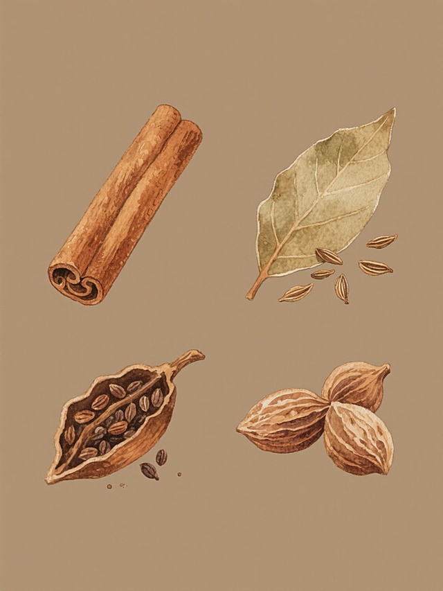 一组四个完全不同的香料元素插画，保持与原图一致的手绘水彩风格，温暖的棕色系配色，细腻的笔触质感和光影表现，每个香料元素（如肉桂棒、香叶、孜然粒、豆蔻荚）都具有清晰的形态结构和自然的细节特征，规整排布在纯色背景上，整体构图平衡且具有统一的视觉美感。