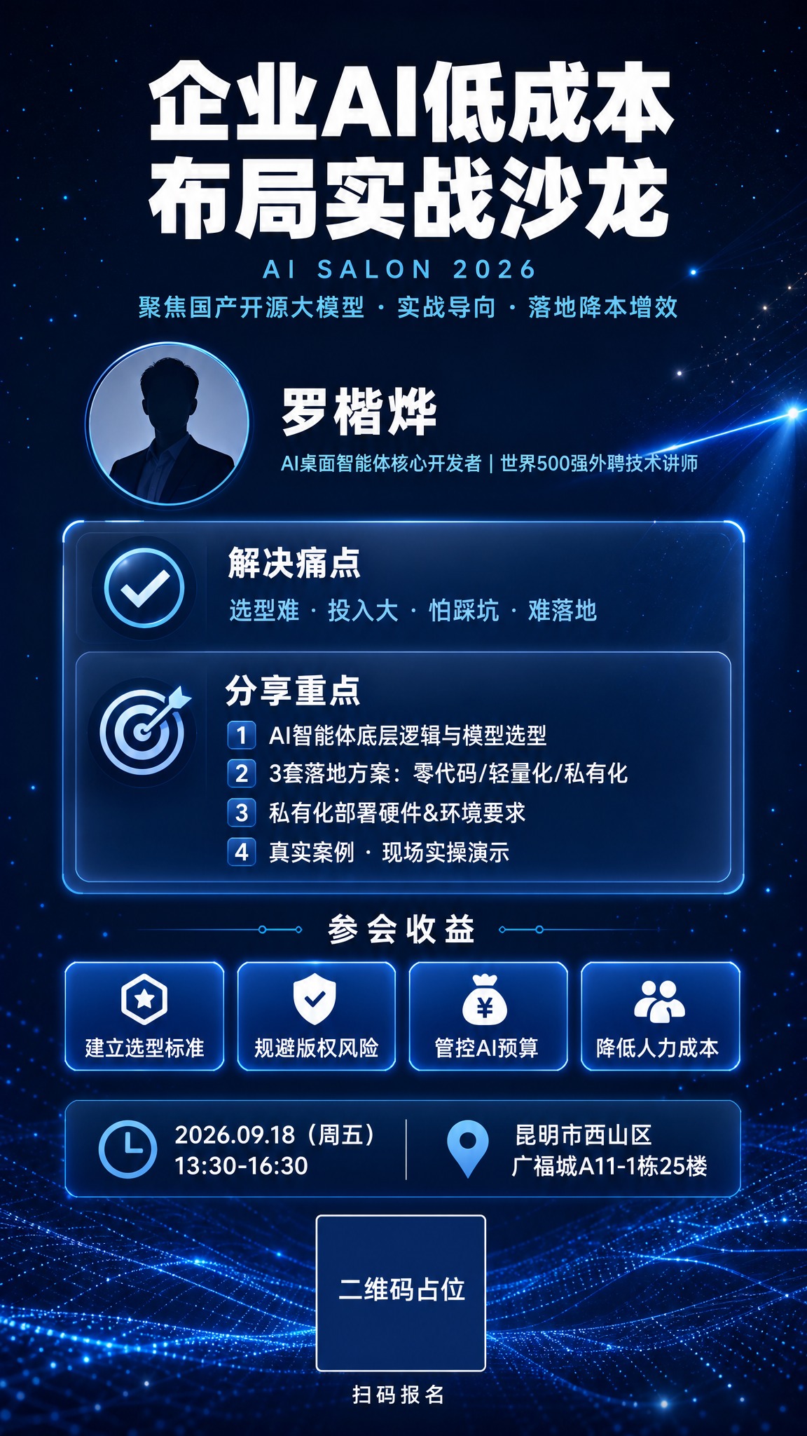 一张企业AI沙龙活动竖版海报，9:16比例，深蓝科技风格，专业… - 图片创意预览