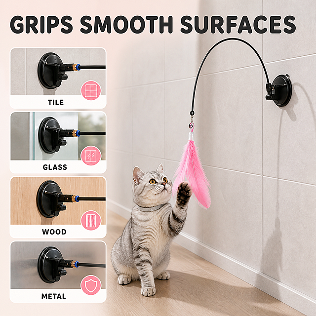 [主图3] 商品名称：Interactive Feather Cat Teaser Toy with Suction Cup Base。主题：平滑表面吸附适配，唯一任务：证明吸盘底座能稳定吸附家中常见光滑表面，本张只讲底座吸附与适用表面，不复述玩法与尺寸。
[统一基调] 整套跨境主图统一视觉：暖奶油白到浅藕粉的柔和渐变背景作为主背景色系，辅助色为暖浅灰，强调色取产品羽毛的玫瑰粉，白色圆角卡片配玫瑰粉线性图标，标题字色深炭黑，说明文字暖中灰，全部可见文字使用同一种圆润亲和的无衬线字体（Rounded Soft Sans），大标题最大最粗，说明文字缩小 50% 以上，卡片圆角与图标线宽全套一致。
[画面] 采用左右分栏：右侧约占画面 60% 为中景真实场景，吸盘底座吸附在浅灰哑光瓷砖墙面上，黑色弹性臂顺着墙面向上再垂落，玫瑰粉色羽毛悬空，一只银灰渐层短毛猫（圆脸、琥珀色眼睛、浅灰细项圈）蹲在下方地面抬爪拍打羽毛，墙面与地面为同一真实空间，吸盘边缘与瓷砖的接触关系清晰；左侧自上而下竖排四张方形白色圆角证据小卡，卡内分别为吸盘吸附在瓷砖、玻璃、木面板、金属面上的微距小图，均可看到吸盘紧贴表面的真实接触边缘，卡片右下角各配一枚玫瑰粉小圆点图标。
[光影质感] 室内柔和侧射光，瓷砖面有细腻高光，玻璃面有透明反光，木面有细腻纹路，金属面有冷调反射，猫的毛发层次清晰，产品自然融入场景、无白底残留。
[配色] 沿用整套奶油白与浅藕粉主色，墙面为浅灰白、地面为浅木色作为环境色，卡片白色、图标与标签用玫瑰粉点缀。
[文字版式] 顶部横向负空间放超大号标题 "GRIPS SMOOTH SURFACES"，四张卡片各自标注小号短标签 "TILE" "GLASS" "WOOD" "METAL"，字体与整套一致、统一横排，标题深炭黑，说明文字暖中灰。
[输出要求] 1:1 正方形，文字清晰、产品与卡片层次分明。负向：不要玻璃破碎、不要水迹污渍、不要多个产品、不要文字错字、不要水印、不要平台 Logo、不要中文、不要产品变形、不要吸盘悬浮不接触表面。