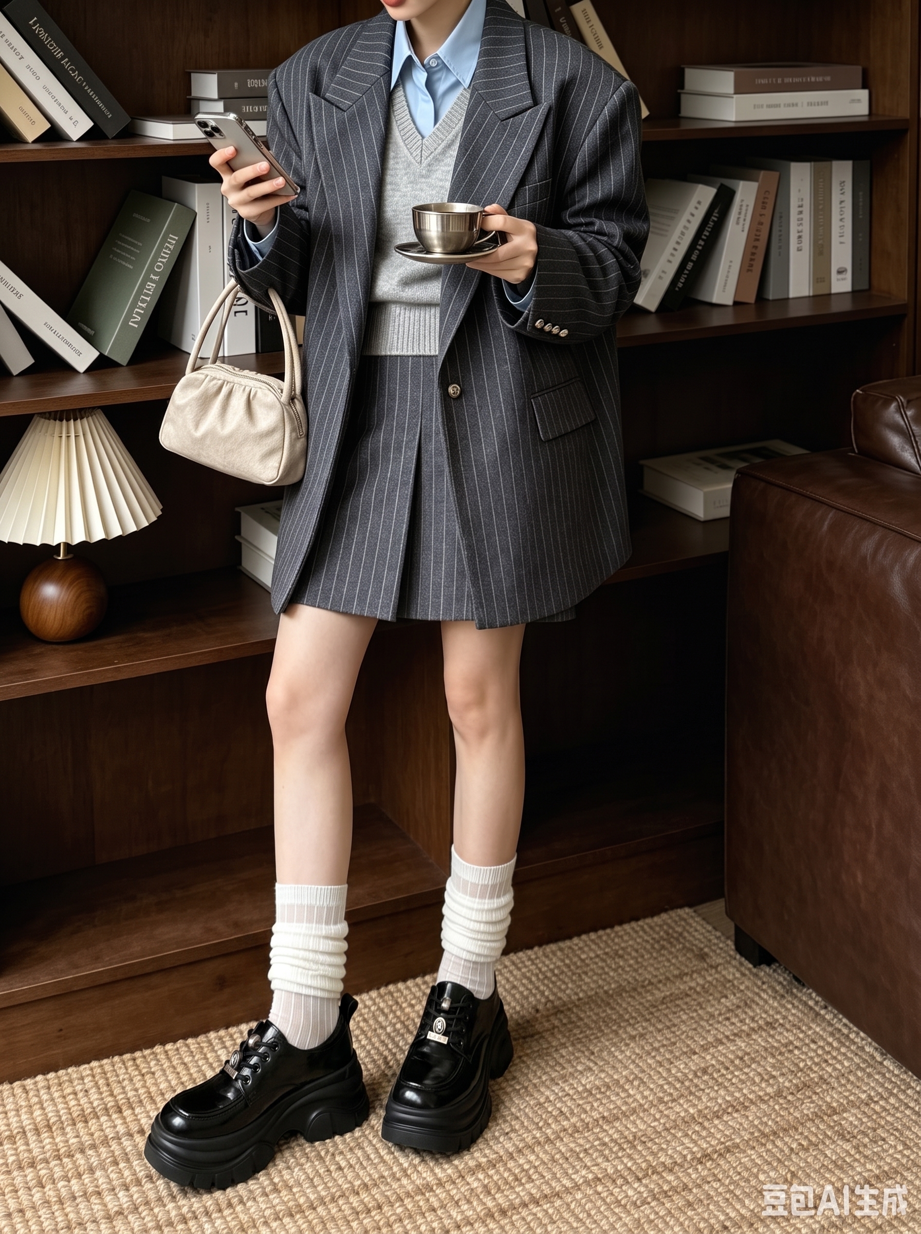 请将参考图1和参考图2中的【黑色厚底松糕乐福鞋】1:1还原其形… - 图片创意预览