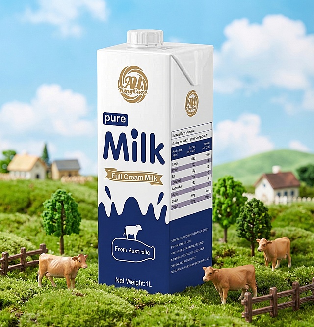 一瓶珍澳纯牛奶置于翠绿的苔藓状草地上，周围散落着娟姗牛小模型，点缀迷你绿树和木质小栅栏，背景是蓝天白云，远处有小房子和绿树，营造出清新自然的田园牧场微景观，光线明亮，充满纯净的牧场氛围，凸显牛奶的天然品质与田园风格，保持牛奶包装上原有Logo和文字信息不变，保持主体牛奶盒物理结构不变