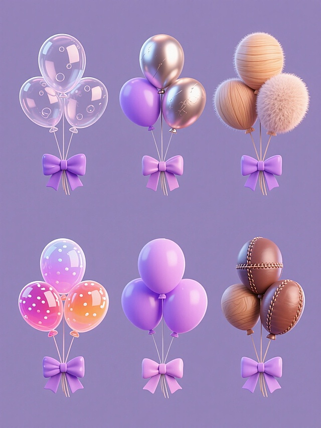 一套6个规整排布的系列素材集合，每个素材均为相同造型的一束气球（5个气球束在一起，下方系有紫色蝴蝶结），保持原卡通艺术风格、简洁构图和平滑边缘线条，采用纯色背景。第一个气球为玻璃材质，通透光滑，带有折射光效和内部气泡；第二个为金属材质，表面有磨砂质感和细微划痕，呈现哑光金属光泽；第三个为毛绒材质，表面有柔软绒毛质感，色彩柔和；第四个为木质材质，呈现木纹肌理和自然木色；第五个为糖果材质，半透明果冻质感，色彩鲜艳带有糖霜光泽；第六个为皮质材质，表面有细腻皮革纹理和缝线细节，呈现经典皮质光泽。每个素材中的气球色彩均进行整体变换，且与对应材质特性相匹配，背景为单一纯色，无文字、LOGO及其他装饰元素。