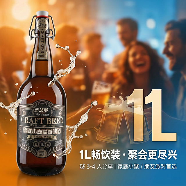 [垫图] https://dify-grsai.dancf.com/images/4d35384fe20c41a290aac5eef51ddba1.png
悠悠醇德式小麦精酿啤酒容量场景淘宝主图，营造热闹愉悦的社交欢聚氛围，突出1L大容量卖点。产品放置在画面左侧竖放，主色调为暖橙聚会氛围搭配深棕色瓶身，辅助色为浅蓝色清爽感搭配白色文字。画面右侧添加超大醒目的1L大字，背景叠加模糊的聚会人群轮廓，底部叠加半透明酒杯碰杯剪影，添加动态的啤酒泡沫飞溅效果。文案：主标题“1L 畅饮装・聚会更尽兴”，副标题“够 3-4 人分享 | 家庭小聚 / 朋友派对首选”。主标题右侧对齐，使用阿里巴巴普惠粗体白色字，副标题放在主标题下方，使用阿里巴巴普惠细体浅蓝色字。背景铺满全屏，无边框，光影温暖通透，整体构图平衡，突出大容量分享的产品优势。