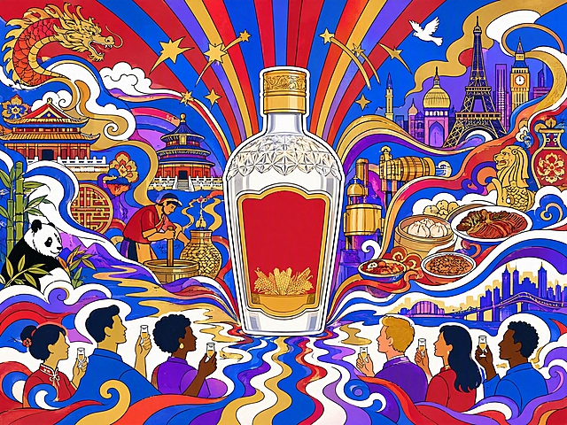 参考第一张图的扁平插画风格、粗黑轮廓线、明快撞色和放射状视觉结构，去除所有文字信息。将画面中央向上延伸的柱状与曲线组合的整体外轮廓，重塑为经典白酒瓶的优雅造型，作为画面核心视觉锚点。以红、蓝、紫、金四色为主色调，从酒瓶向四周放射出多彩流动的光束与丝带，连接东西方建筑剪影、不同肤色的人物剪影、各地美食符号、传统酿造工艺元素与宜宾山水意象。画面左右分布中国传统纹样与世界多元文化符号，通过流动的彩色液体般的曲线相互交融，体现东方美酒连接世界、文明交流互鉴的和美意境。整体为现代扁平插画风，线条清晰有力，色彩饱和度高，构图对称且富有动感，4:3横版，4K超清。