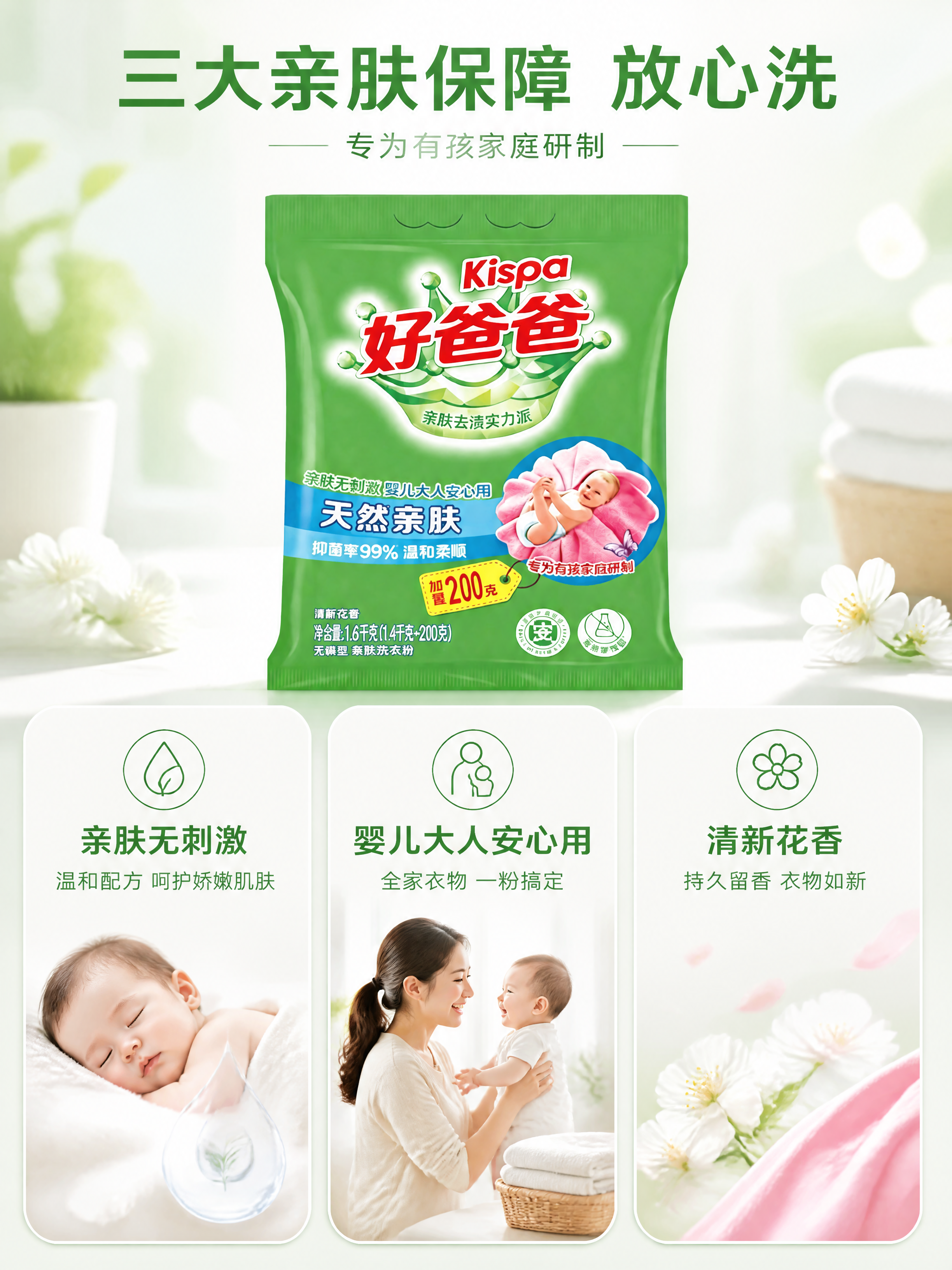 [第2张] 详情页核心卖点页-好爸爸天然亲肤洗衣粉三大优势解析… - 图片创意预览