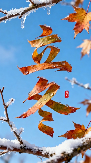 枫叶叶片拉长扭曲变形成”立冬” 二字，叶片上有晶莹的露珠点缀。背景是一片晴朗的蓝天，画面中穿插着带有冰霜和薄雪的树枝，营造出冬日温暖的氛围。“立冬” 文字位于图像的中上部，红色小印章”节气“点缀，整体预览效果