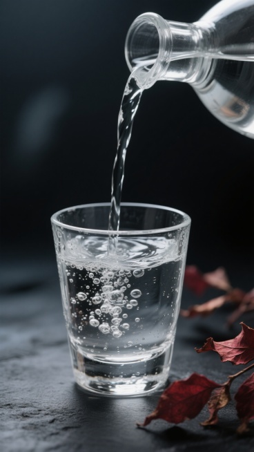 超写实摄影风格，高清晰度，主色调为透明无色与深黑色背景的强烈对比，柔和侧光从左上方照射，突出白酒的晶莹质感和液体流动的动态光影，玻璃杯中的白酒正被从透明玻璃酒壶中缓缓倒入，酒液形成优美的弧线，杯中泛起细密的气泡和涟漪，杯壁凝结着细微的水珠，右下角点缀几片暗红色的干枯植物叶子，背景模糊处理以突出主体，整体营造出高端、纯净、沉静的氛围，画面具有极强的质感和真实感，细节丰富，光影层次分明，构图采用三……预览效果