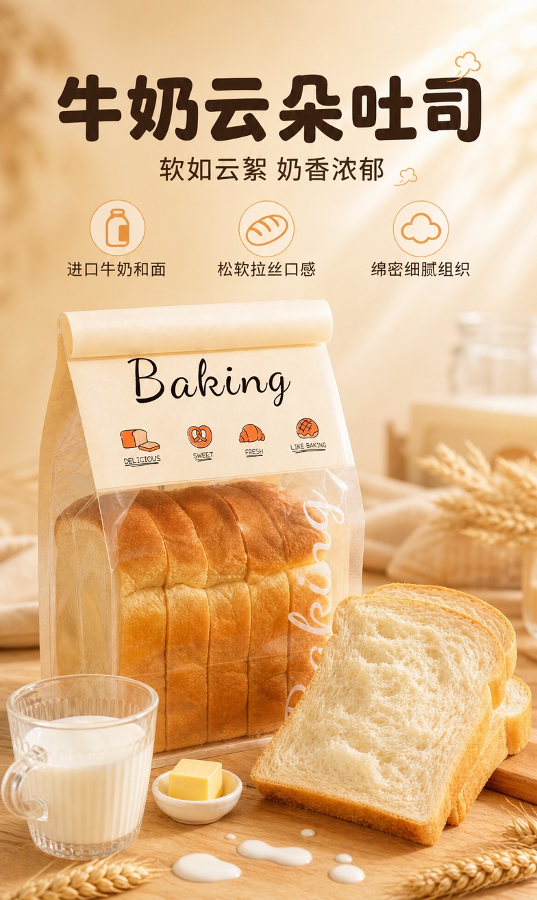 [商品] 使用【图1】牛奶云朵吐司；保留透明包装袋、顶部牛皮纸… - 图片创意预览