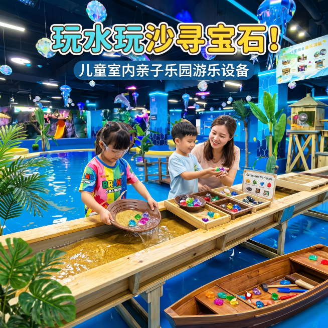 淘宝1:1正方形电商主图，商品是儿童淘金设备，儿童室内亲子乐园玩水玩沙寻宝石游乐设备，突出卖点：玩水玩沙寻宝石，风格明亮吸引亲子用户预览效果