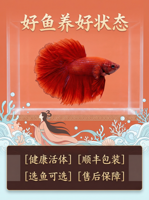 [主图 5] 服务承诺转化图
[氛围/风格] 中国风结合海洋元素，干净整洁真实质感。
[画面元素] 商业摄影质感、光线柔和通透、产品清晰真实、画面干净高级。斗鱼产品位于画面上方展示，保留真实质感；背景预览效果