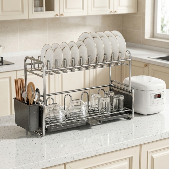 厨房台面整洁场景：碗架放在厨房石英石台面上，下层放刚洗好的玻璃碗 + 筷子，上层摆好晾干的餐盘，旁边搭配小型电饭煲，背景露出部分橱柜预览效果