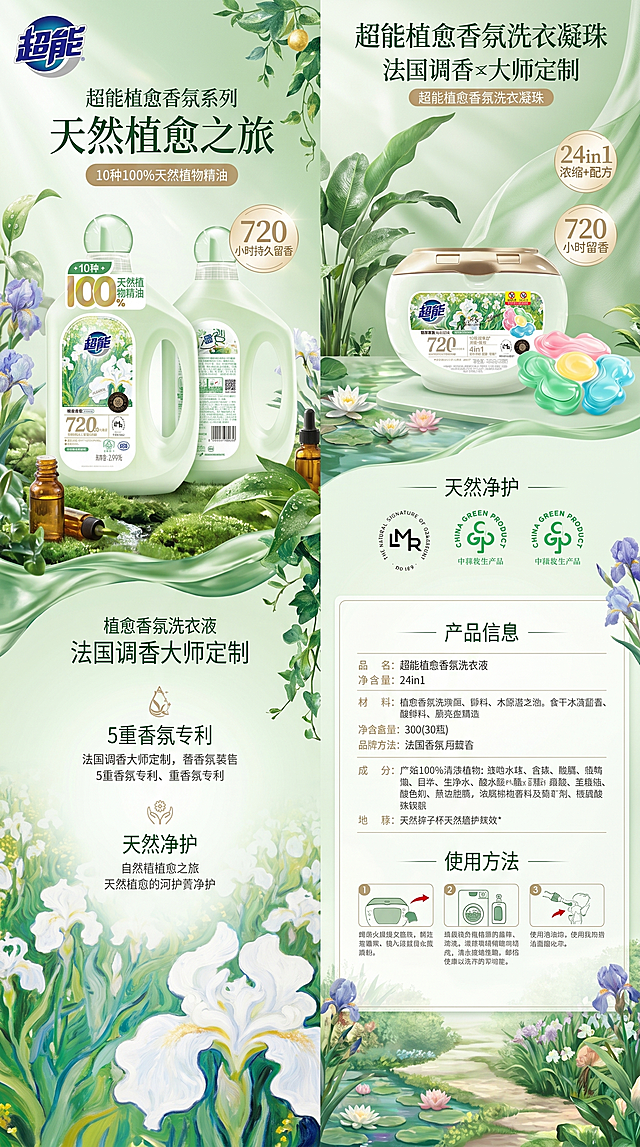 超能植愈香氛系列电商详情页设计，围绕“天然植愈之旅”主题，整体风格清新自然，绿色为主色调，展现天然植物与莫奈庄园的艺术氛围，包含超能品牌LOGO，展示超能植愈香氛洗衣液和植愈香氛洗衣凝珠两款产品，突出10种100%天然植物精油、法国调香大师定制、5重香氛专利720小时持久留香、天然净护等核心卖点，传达绿色智能时尚生活的品牌理念，详情页排版层次清晰，商品图片精美，文字信息完整，符合中高端品牌调性。