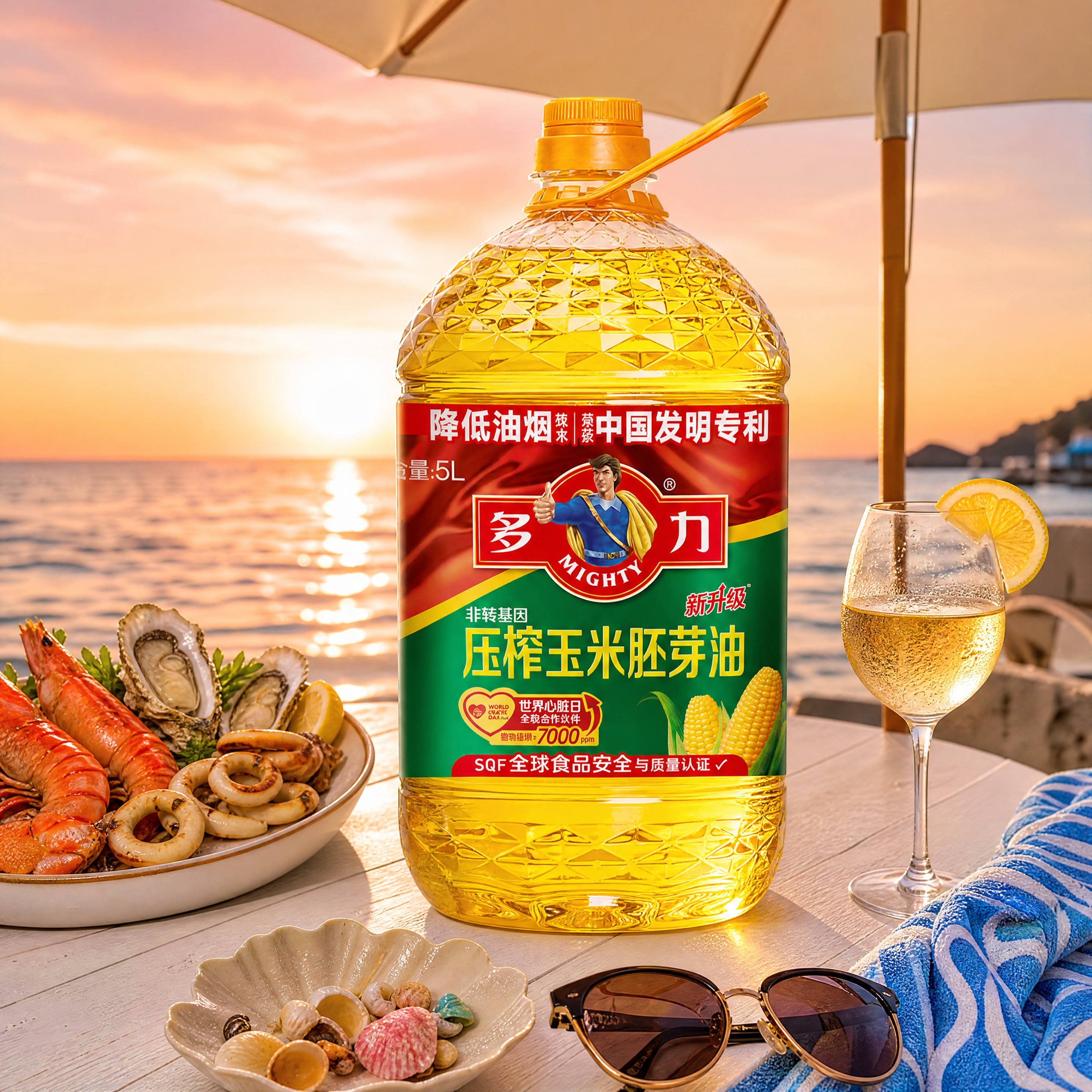 超写实食品商业摄影。 主体：5L装玉米油桶严格参照上传产品图，… - 图片创意预览