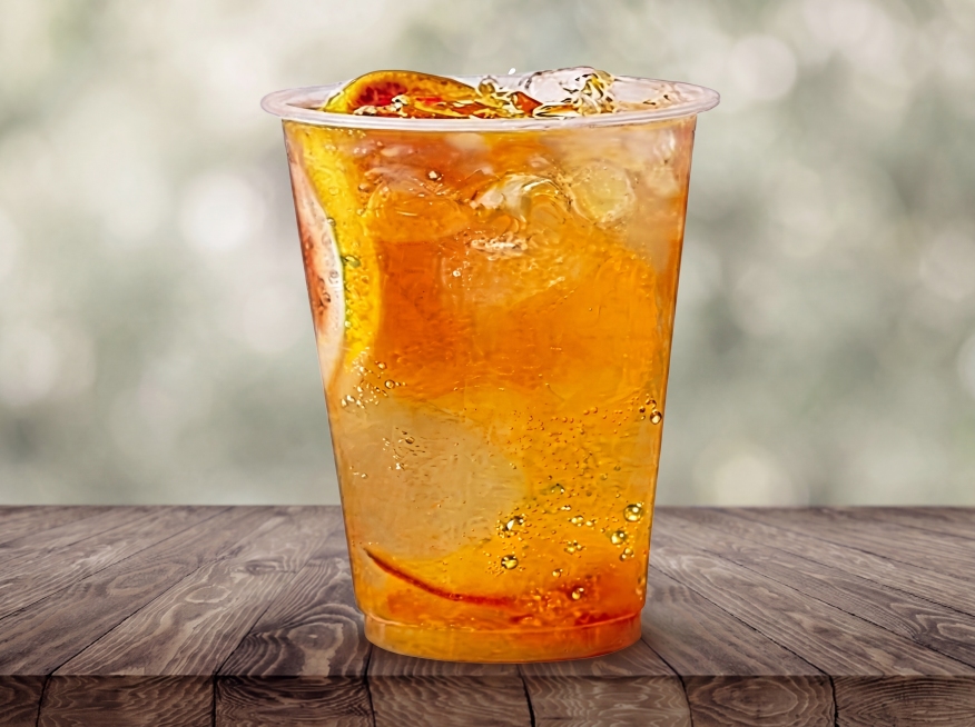 高清增强饮品图：提升杯体通透感、液体层次（橙色茶底+气泡）、冰块晶莹度与橙片质感；优化杯壁边缘过渡，使其与木质桌面自然融合（无硬边），保留原背景虚化与光影关系；不改动构图、颜色或添加元素；高清600*预览效果