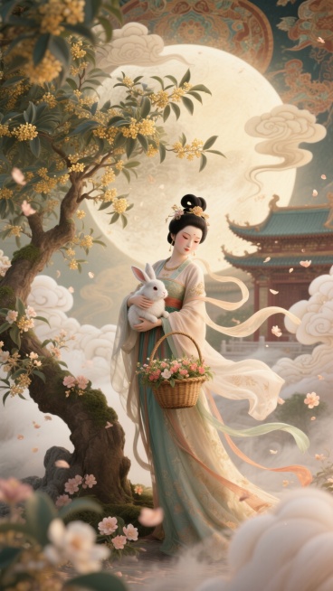 生成敦煌风格嫦娥广寒宫中国画，画面中嫦娥衣摆飘逸，怀抱玉兔立于桂花树下，手提花篮，祥云与花朵环绕，仙气飘飘。预览效果