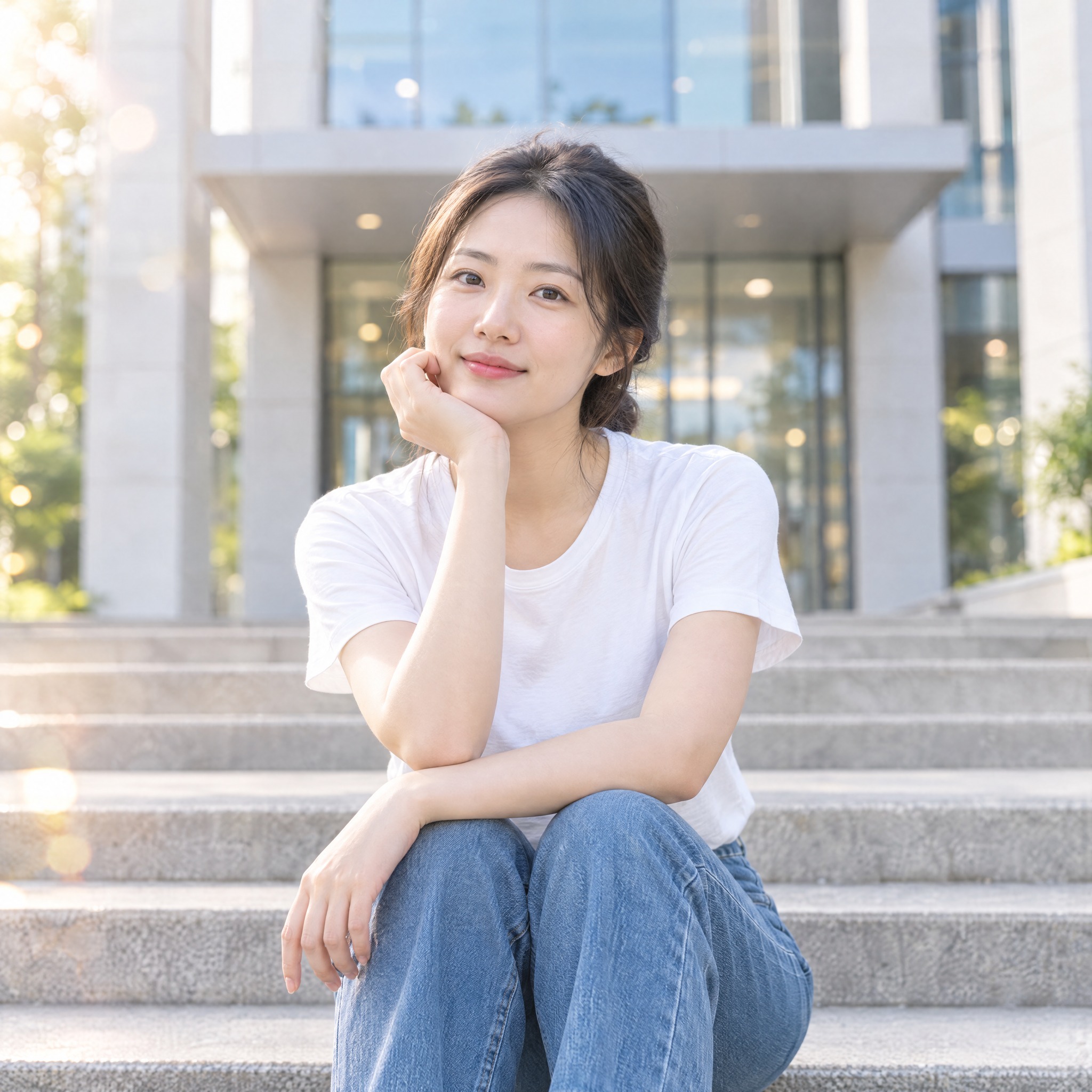 一位25-30岁的亚洲女性，穿着干净简约的白色T恤配牛仔裤，表… - 图片创意预览