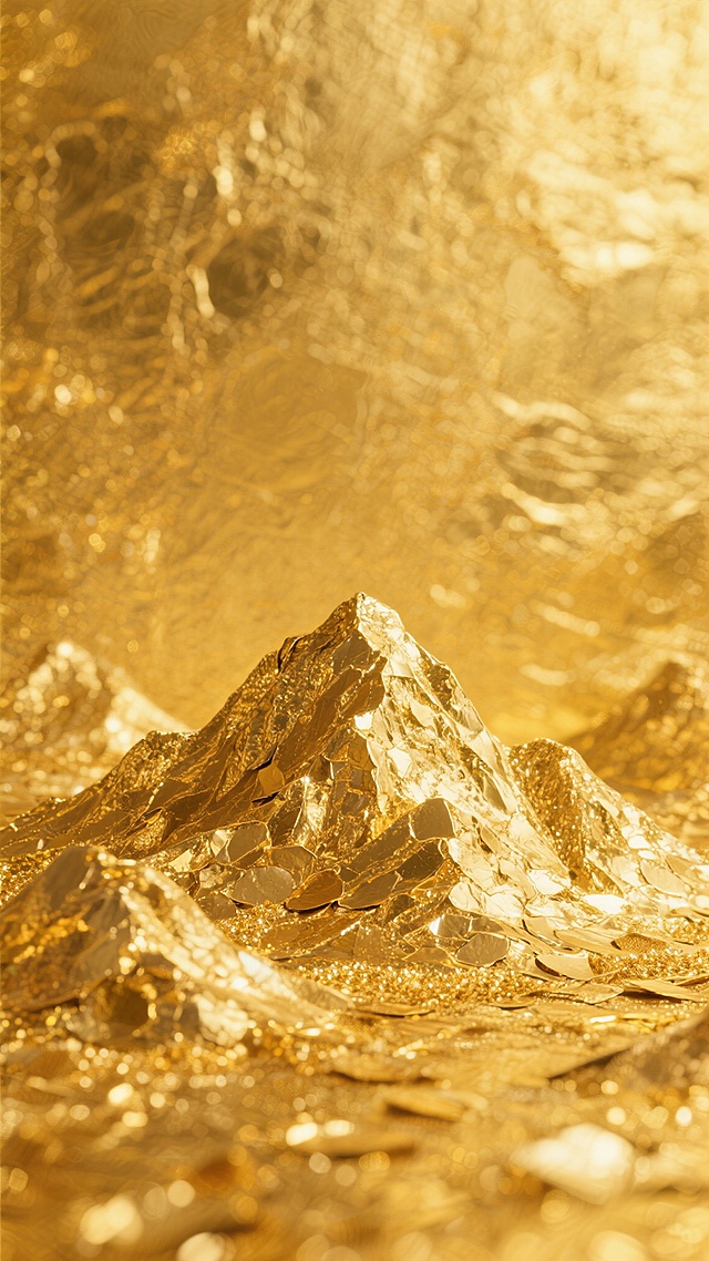 一张具有浓厚国风奢华感的金色背景图，主色调为金黄色，整体呈现出细腻的金箔质感，表面带有自然的纹理和光泽变化，仿佛是由真实的黄金箔片铺陈而成，同时巧妙融入了象征财富与尊贵的金山元素轮廓，通过光影的微妙处理增强立体感，整体画面在保持金箔材质特有的颗粒感和金属光泽的同时，营造出一种庄重而华丽的视觉效果，完美体现了国风设计中对金色的经典运用和奢华大气的审美追求。