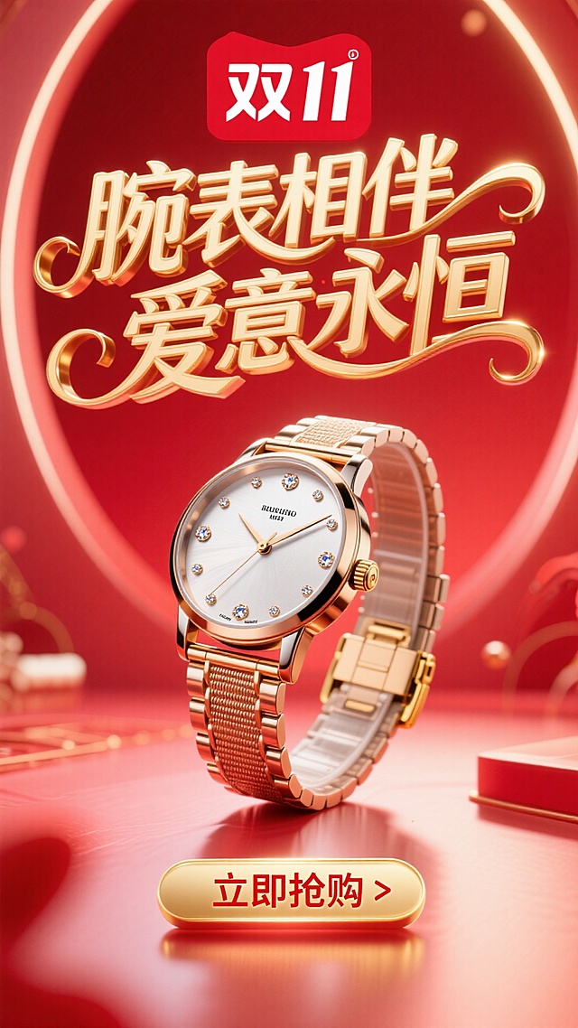 商业摄影风格，比例 16:9。以鲜艳的红色为背景，营造热烈氛围。画面正中央是巨大且优雅的主标题 “腕表相伴 爱意永恒”，采用金色立体艺术字体，笔画粗细变化富有韵律，表面有细腻的光泽质感，像是被柔和灯光照亮，凸显奢华与浪漫。标题上方显著位置为 “双 11” Logo，设计简约现代，以红色与白色为主色调，红色与背景呼应，白色线条勾勒出独特造型，醒目突出。画面核心的手表质感上乘，金属表身散发着冷冽光泽，表盘镶嵌着璀璨宝石，指针精准指向特定时刻，表带纹理清晰，与金色表扣相得益彰。画面底部的 “立即抢购” 按钮为醒目的金色，搭配红色文字，按钮具有强烈的立体效果，仿佛悬浮在背景之上，周围有一圈淡淡的红色光晕，吸引观者注意力，整体画面充满商业促销的活力与魅力。