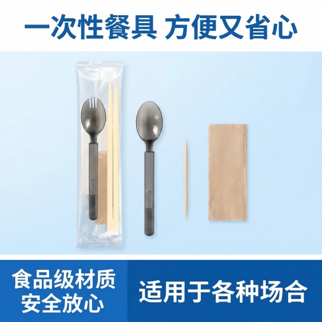 一次性筷子四件套电商主图，1:1比例。顶部核心信息区主标题为“一次性餐具 方便又省心”，蓝色粗体字。中部商品展示区居中放置上传的一次性筷子四件套产品，半拆开包装袋展示内部的筷子、勺子、牙签、纸巾四件物预览效果
