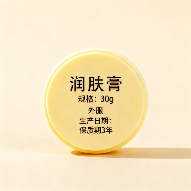 设计一款圆形中药润肤膏包装，整体淡黄色调，风格简洁有设计感。包装上清晰标注文字：品名"润肤膏"，"规格：30g"，"外服"，"生产日期："，"保质期3年"，排版干净明了，突出中药产品的简约属性。预览效果