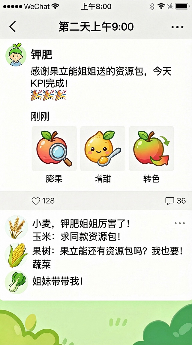 卡通风格微信朋友圈界面，顶部状态栏显示时间“第二天上午9:00”，发布者钾肥的头像与第一条朋友圈的钾肥头像完全一致，昵称“钾肥”，文案为“感谢果立能姐姐送的资源包，今天KPI完成！🎉🎉🎉”，文案下方标注发布时间“刚刚”。配图是三个清晰的功能小图标，分别对应膨果、增甜、转色。朋友圈底部显示点赞数128、评论数36。评论区依次展示四条评论：小麦评论“哇，钾肥姐姐厉害了！”，玉米评论“求同款资源包！”，果树评论“果立能还有资源包吗？我也要！”，蔬菜评论“姐妹带带我！”。整体风格和此前的卡通朋友圈系列完全统一，元素清晰准确。