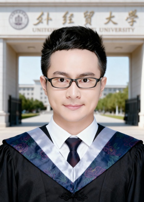 一个男生，学士服穿搭，在对外经贸大学门前预览效果
