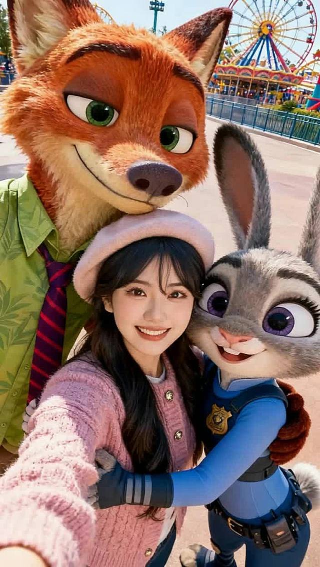 让两个玩偶亲昵地拥抱中间的人物，最后三者一起对着镜头微笑，整体风格很温馨有趣，背景为游乐园，充满人物与动画IP联动的欢乐氛围，画面色彩鲜艳、细节生动，呈现出治愈又可爱的视觉效果。